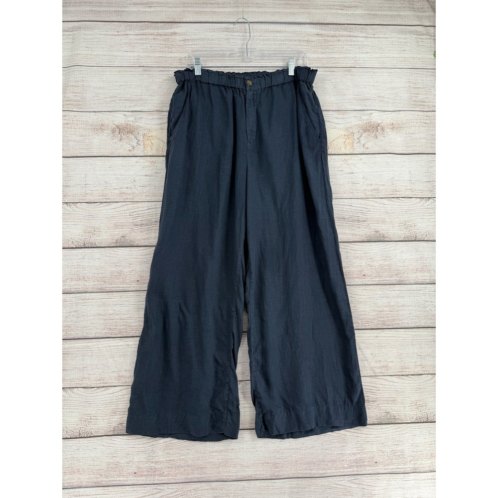 Faherty Wide Leg Pants Women XL Charcoal Gray 100% Linen Paperbag Waist